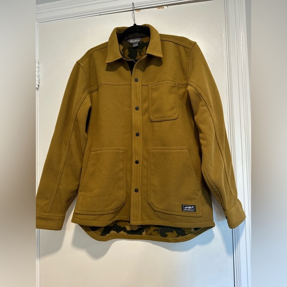 Eddie Bauer Men’s Size M Corduroy Fleece Lined Shirt Jacket Mustard/brown. Snaps - Picture 1 of 15
